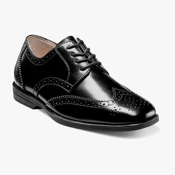 Size 3.5 M Leather Wingtip Oxford Shoes, Black, FLORSHEIM - Picture 2 of 12